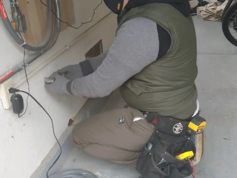 Electrician performing outlet wiring in a Natchez garage